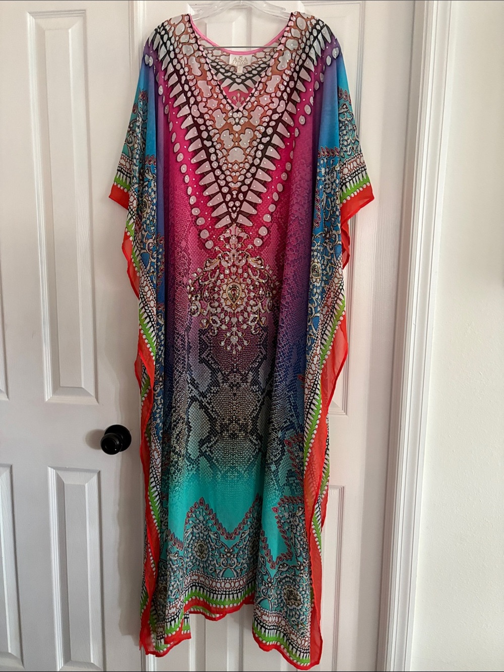 ASA Kaftans sheer Multicolor Rhinestones Bohemian caftan V-Neck Maxi Dress Small